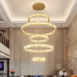 JACKSUN Modern Round Ring Crystal Chandelier High Ceiling Pendant Light Gold Stainless Hanging LED Dimmable Light Fixture