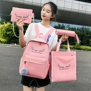 Hot New Fashion Trend Women's Canvas Print Backpack Stylish Four-set Student School Bag Zipper Closure Polyester No Pendant