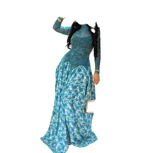 Customize New Design Blue Solid Eco-Friendly Spring Mix Natural Waistline Women Casual Sexy Long Sleeved Maxi Dresses