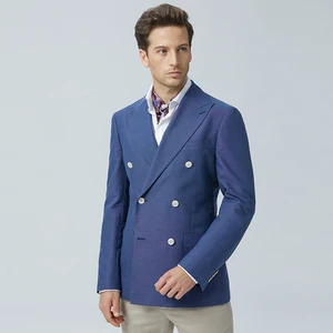Custom Made Bespoke Hot Selling Fashion Designer 100% Cotton Plus Size Blue Double Breasted Formal Blazer Coat Suit for Men