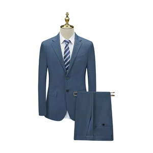Men's Haze Blue Woolen Polyester Half Canvas Flat Mandarin Collar Two-Piece Business Suit Single Breasted Breathable Wrinkle