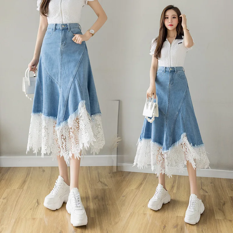 صورة حقيقية: تنورة على شكل حرف A، عالية الخصر، جديدة لفصل الربيع/الخريف، أنيقة ومزينة بالدانتيل، متوسطة الطول على شكل مظلة، تنورة جينز مغسولة للنساء، سريعة الارتداء