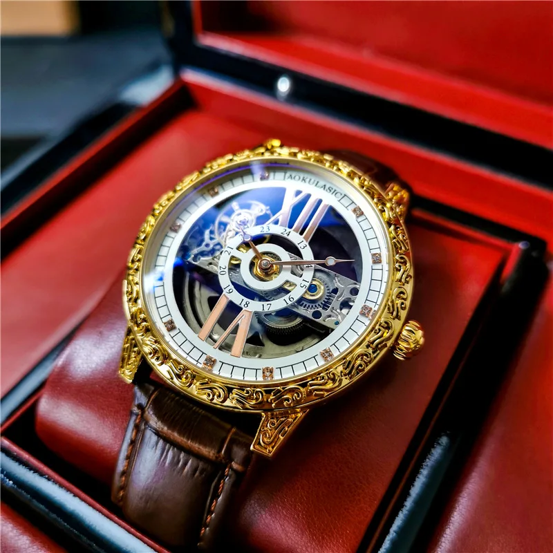 Large Number 360 Skeleton Dial and Case Back Full Black Vogue Engraved Flower Case Transparent Automatic Watch Mens