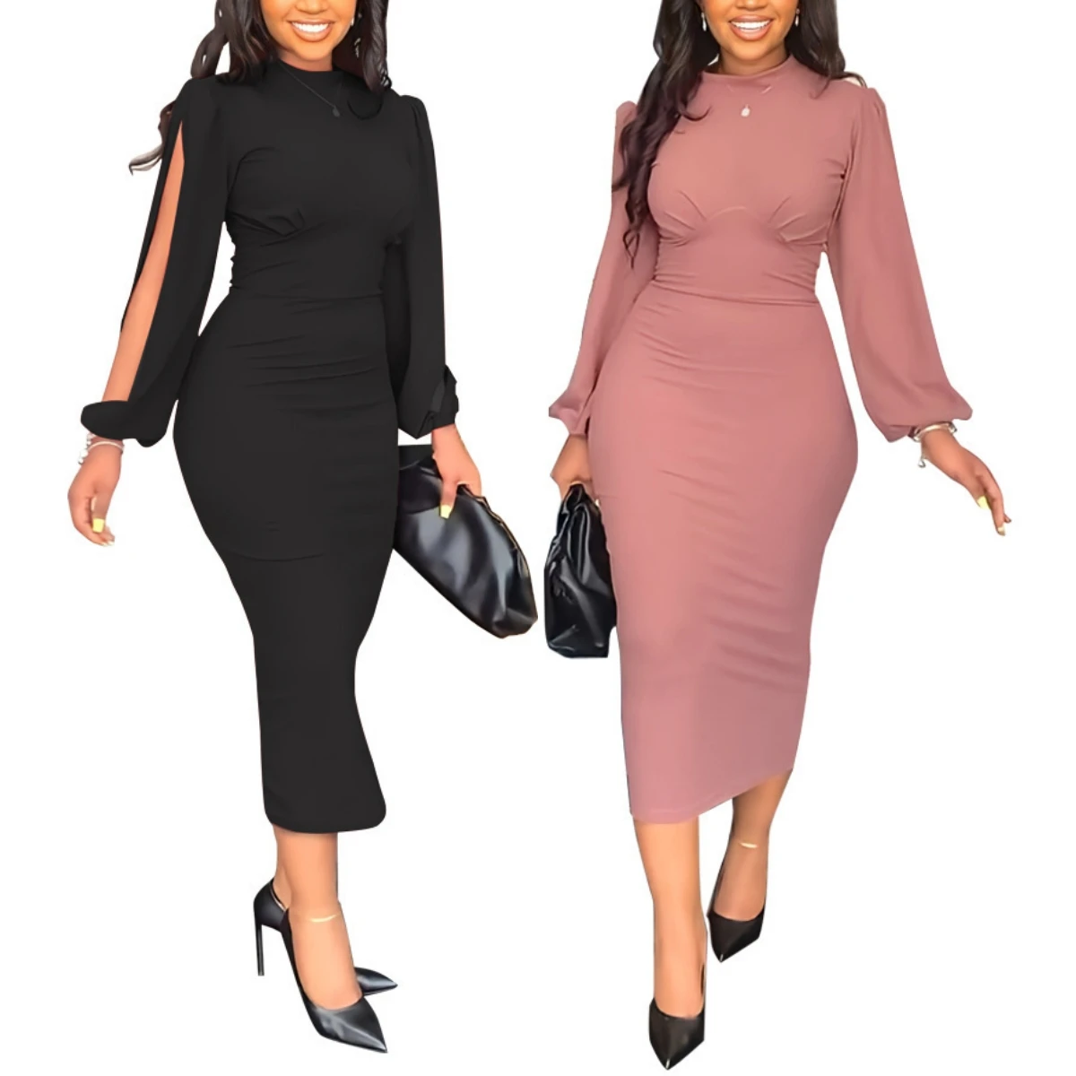 Latest Design Puff Sleeve Bodycon Midi Dress Solid Color Elegant