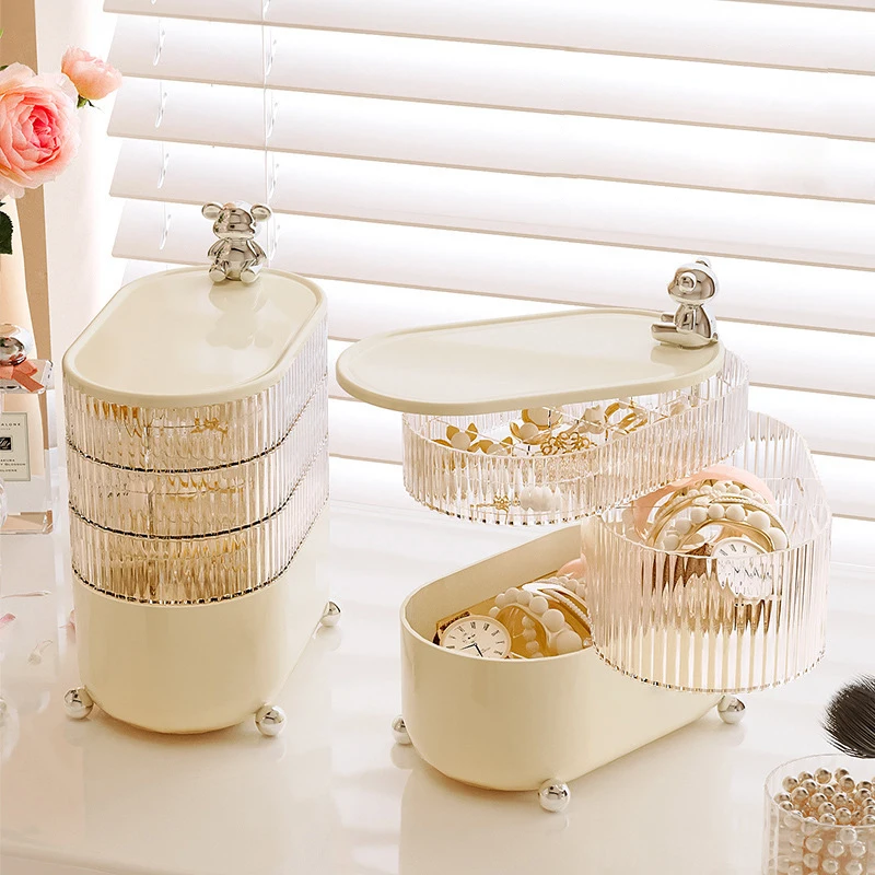 360 Degree Rotating Desktop Dust Prevention Jewelry Ring Box Makeup Organizer Case With Compartment