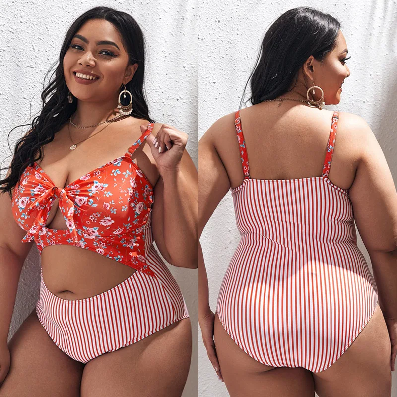 2022 new summer swimsuit women's one-piece printed bow Bikini Large fat woman fat m200 kg swimsuit