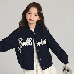 Girls Navy Blue Baseball Collar Casual Jacket Applique Embroidery Butterfly Knot Decor Customizable