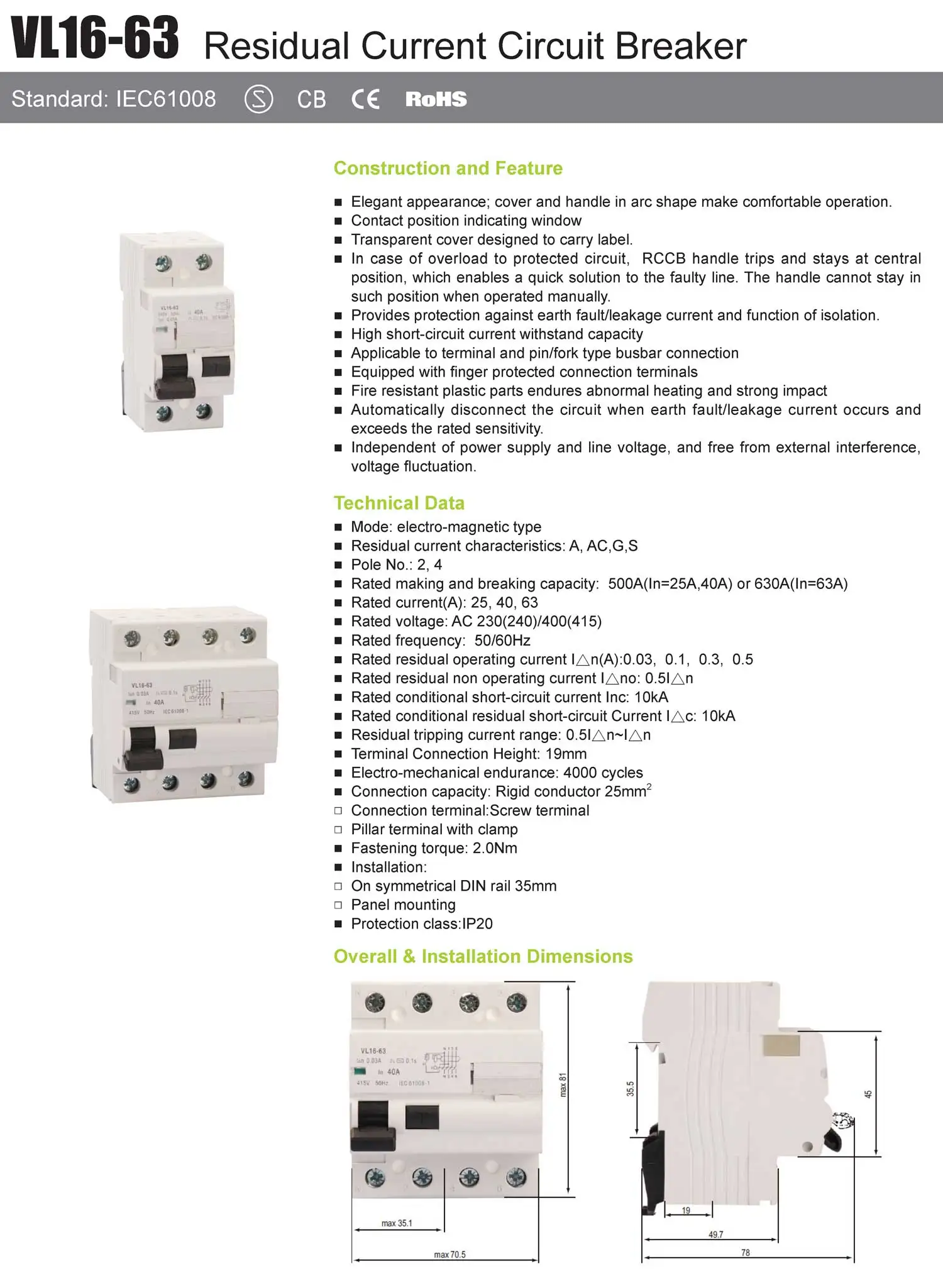 RCCB Residual Current Circuit Breaker 2 Pole 4 Pole 25A 40A 63A 6kA 10kA 2P 4P 30mA 100mA 300mA Type AC Type A RCD with CE