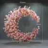 Arte floral de puerta de luna de dalia rosa con estante con ruedas