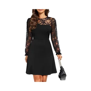 Women's Casual Woven Chiffon Cocktail Dresses Summer Mini A-Line Lace Sleeves Wedding Party O-Neck Solid Pattern Natural