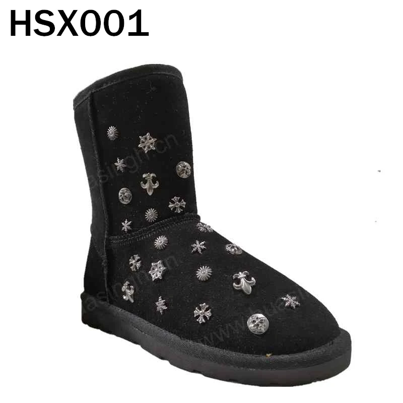 LXG,Chile Popular Rivet Decoration Women Snow Boots Dirty-resistant Suede Leather Upper Anti-cold Warm Black Winter Boots HSX001