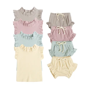 Hight Quality Summer Children Clothes Ruffle Crew Neck Soft Ribbed Organic Cotton Girls Clothing Sets