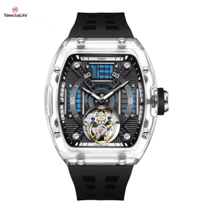 Factory OEM/ODM Luxury Rubber Strap Luminous Men's Watch Fashion Transparent Barrel Shape Turbillion Watches Mechanical