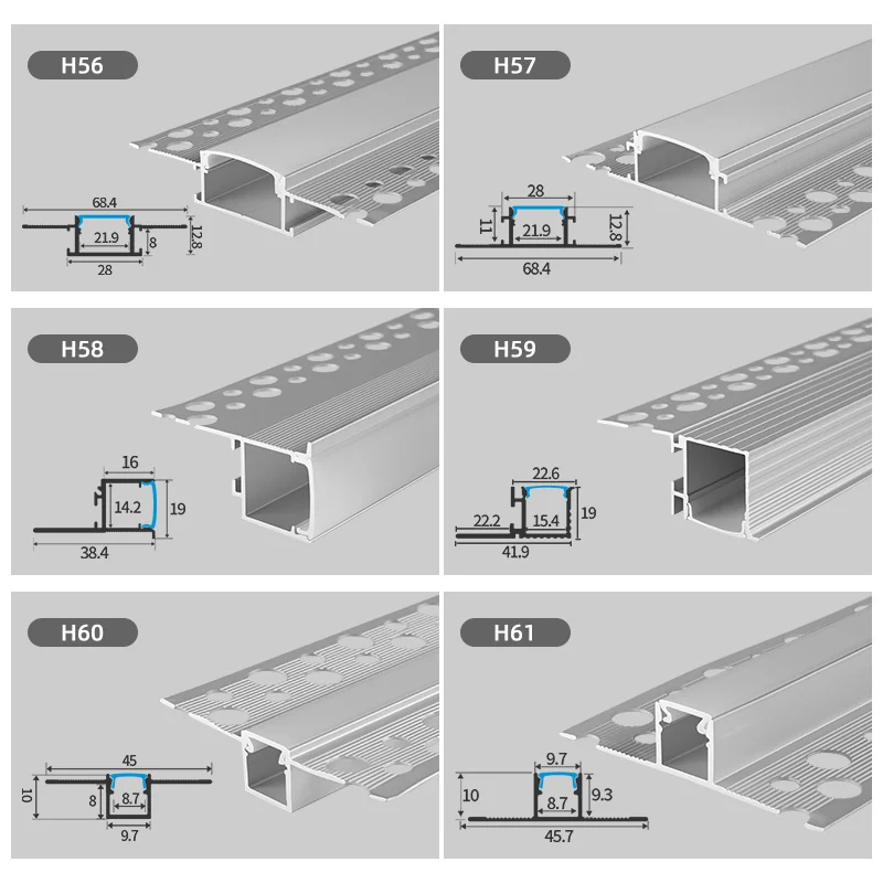 H58 for Ceiling Bar Lighting Strips Recessed Linear Profile Alu Channel Drywall Gypsum Wall Plaster LED Aluminium Profile
