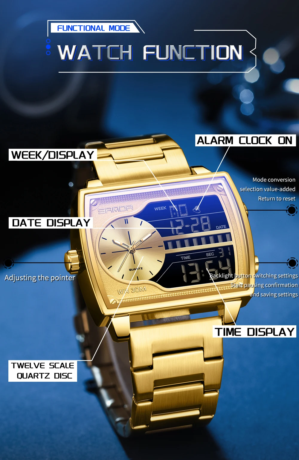 Sanda 6163 Multifunctional Luminous Waterproof Watch For Men