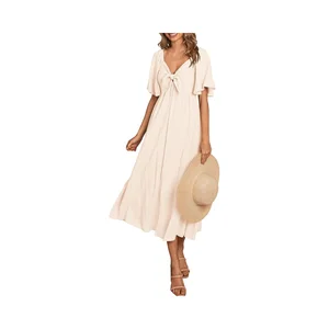 Women's Summer Casual V Neck Ruffle Midi Dress Short Sleeve Flowy Natural Waistline Solid Washable Loose ODM 100% Polyester
