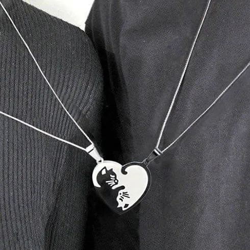 2 Stuks Kat Hanger Paren Ketting, Zwart Zilveren Paren Ketting, Puzzel Hanger Ketting, Beste Cadeau voor Jou en je Geliefde