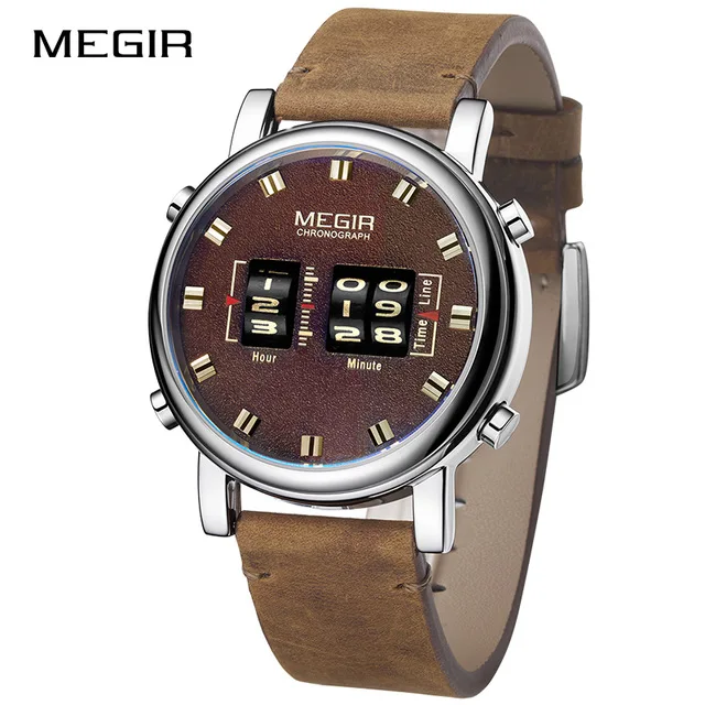 MEGIR Drum Roller Watch for Men Fashion Quartz Wristwatch Leather Strap  Wristwatch часы мужские relogio masculino reloj montre - AliExpress