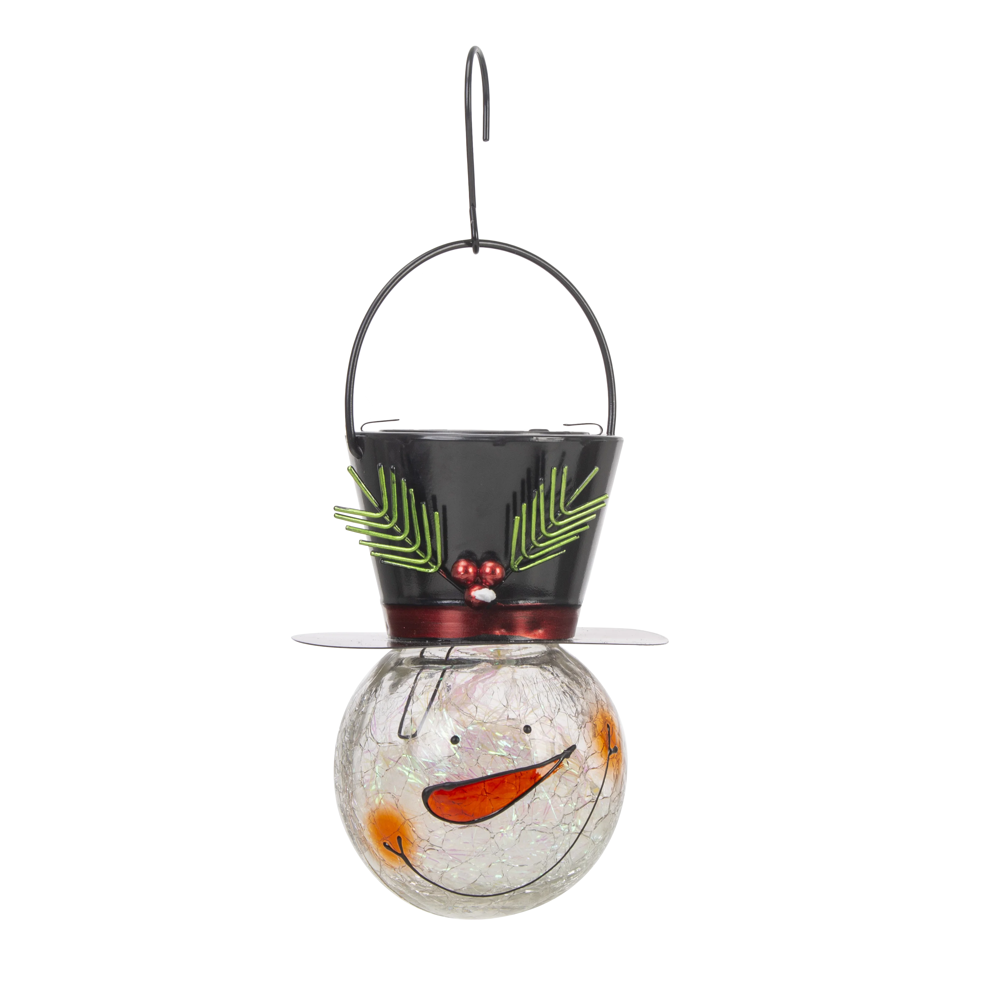 Christmas Hanging Solar Lantern Crackle Glass Snowman Small Leaves