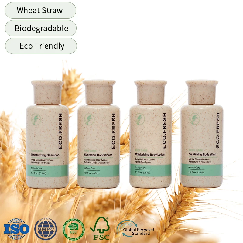 Personalized Custom Luxury 5 Star Hotel Eco Friendly Biodegradable Wheat Straw Mini Shampoo And Conditioner With Logo