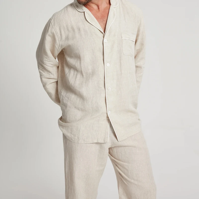 Herren Leinen-schlafanzug Set Maßgefertigte Pyjamas Für Männer Bio-baumwolle Pjs Pijama Nachtwäsche Loungewear