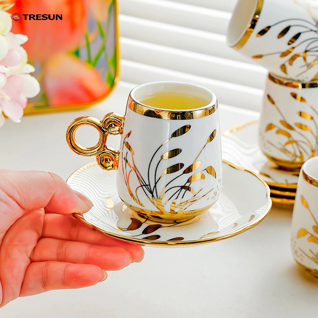Arabic Style Middle East Gift Box Luxury Cheap Price Cappuccino Laate Porcelain Ceramic Tea Coffee Cup and Saucer Set of 6
