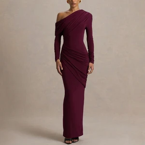 ZYHT 74119 Factory Manufacturer Women Pleated One Shoulder Stretch Long Sleeve Maxi Burgundy Elegant Chic Evening Cocktail Dress