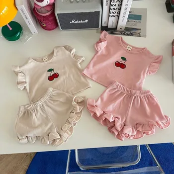 Summer Children's Clothing Girl Cherry Ruffled Short Sleeves Shorts Baby Girl Princess Suit