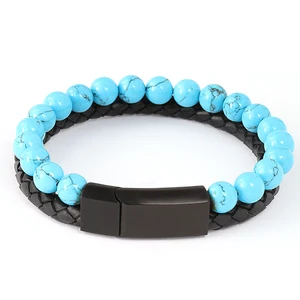 Jewelry Men Bracelets Custom Beaded Gemstone Natural Stone Bead Leather Bracelet