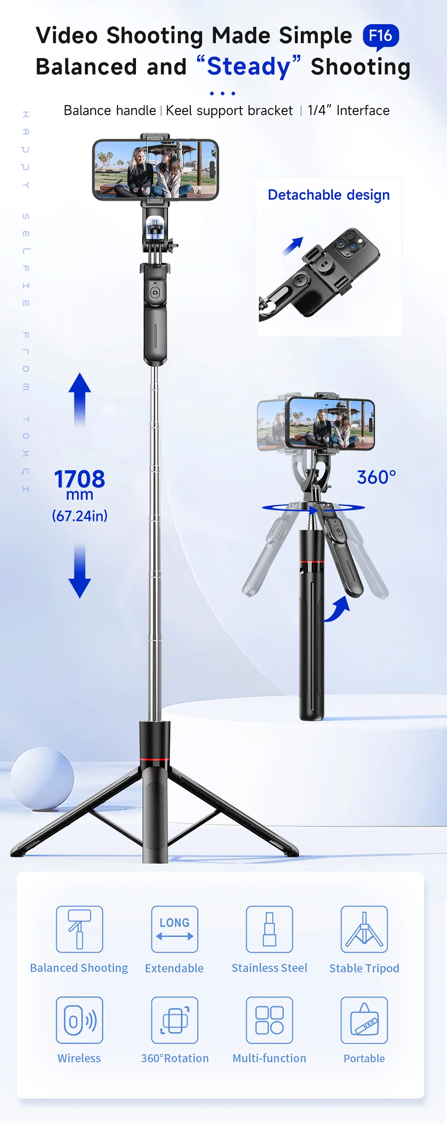 CYKE F16 Stable Tripod Balanced and Stable Shooting Selfie Stick 360°Panoramic Shooting 1708mm Cell Phonefor Video Recording