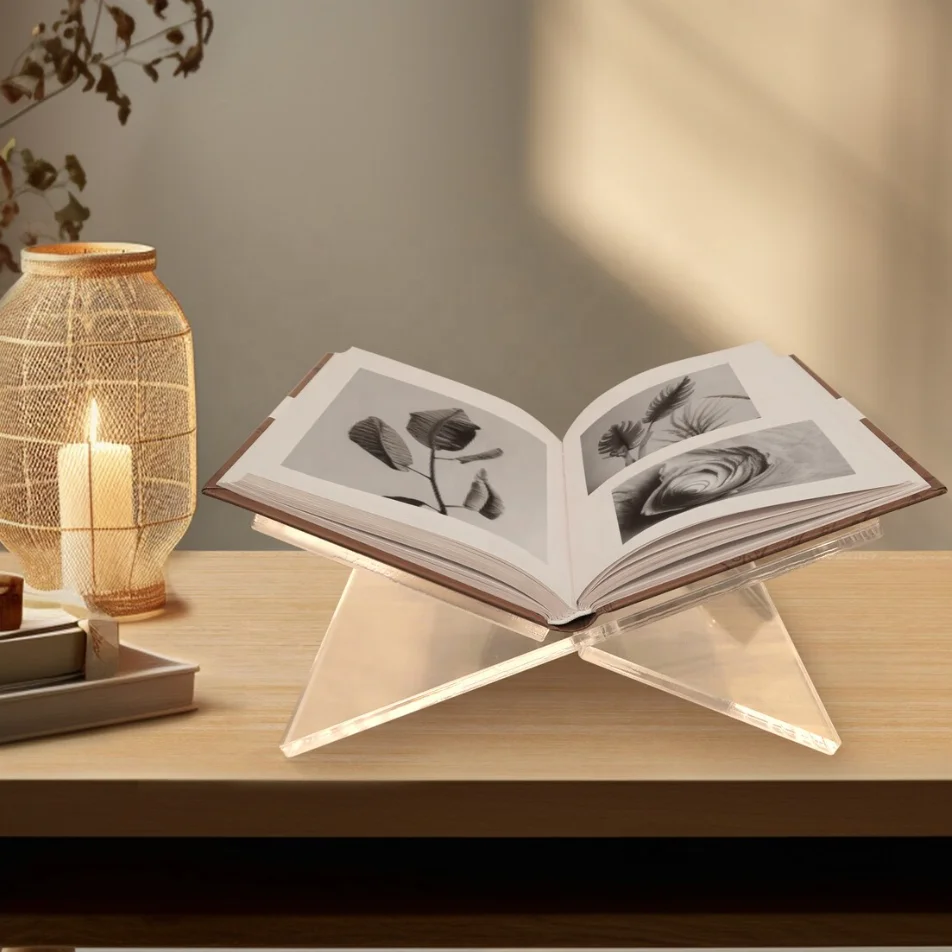 Transparent Folded Open Acrylic Book Stand Reading Holder Shelf Acrylic Cookbook Display Stand