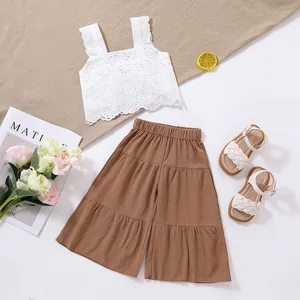 Summer Casual Girl's Clothing Set Solid Lace Sleeveless Crop Tops Wide Leg Pants Breathable Woolen Baby Children for Kids