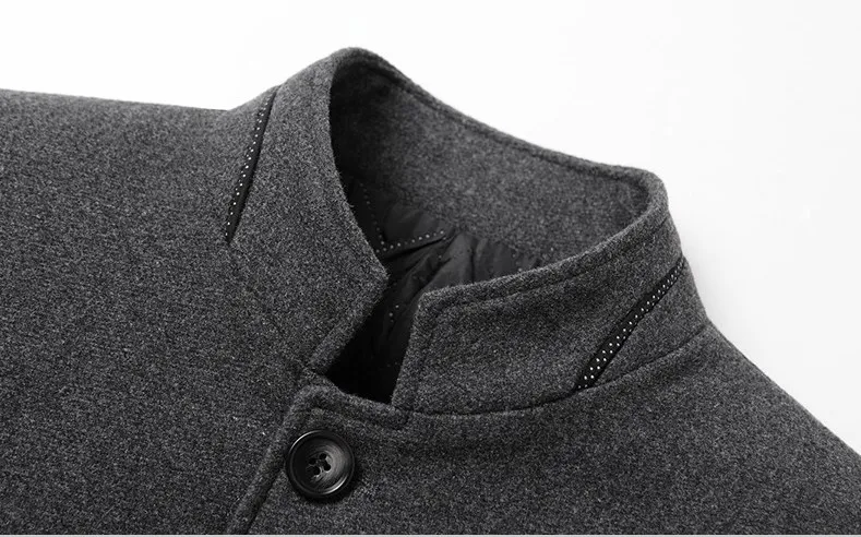New Men's Woolen Stand Collar Mid-length Casual Coat with Pockets