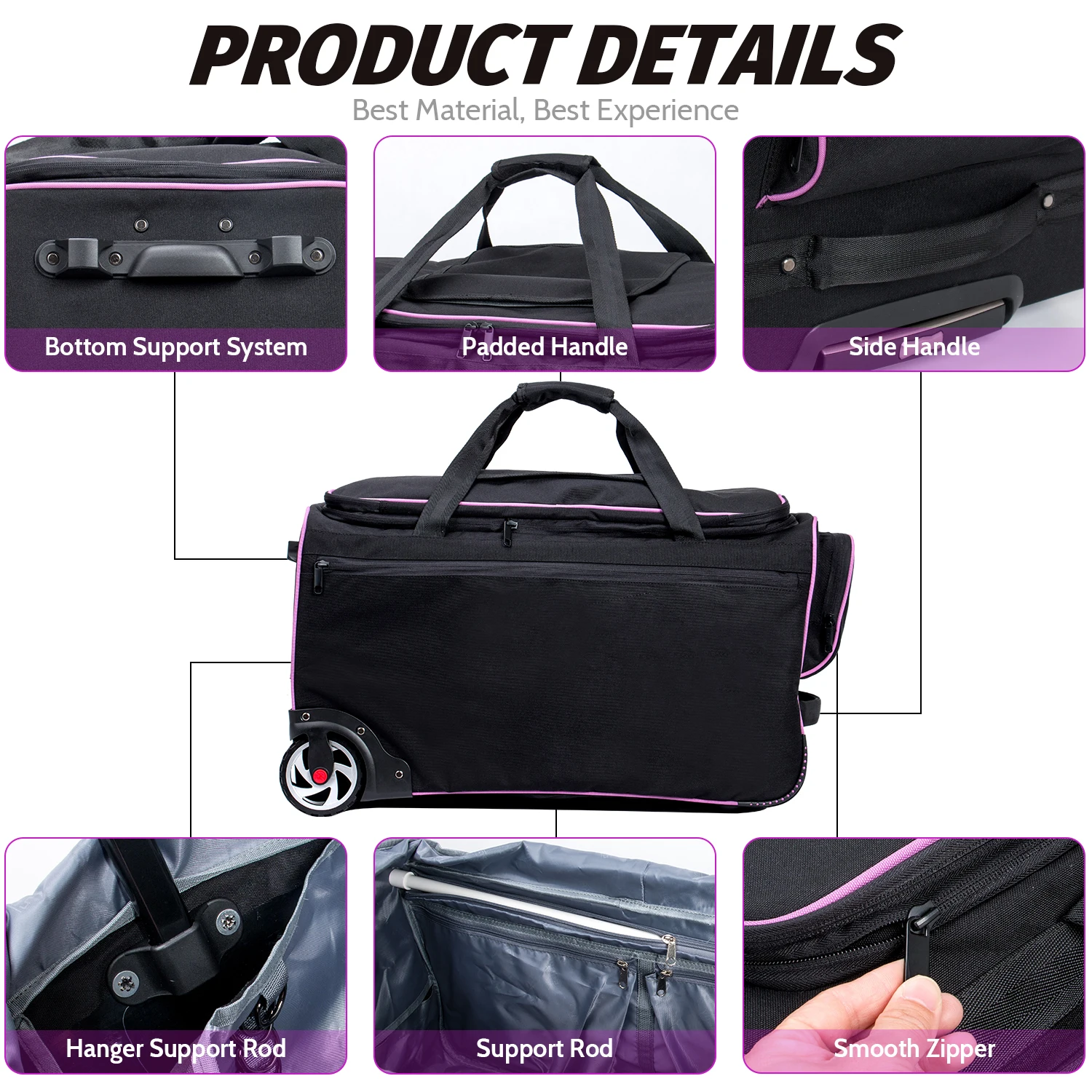 KONCAI Rolling Dance Bag With Garment Rack Waterproof Multi Functional Wheeled Dance for Girls