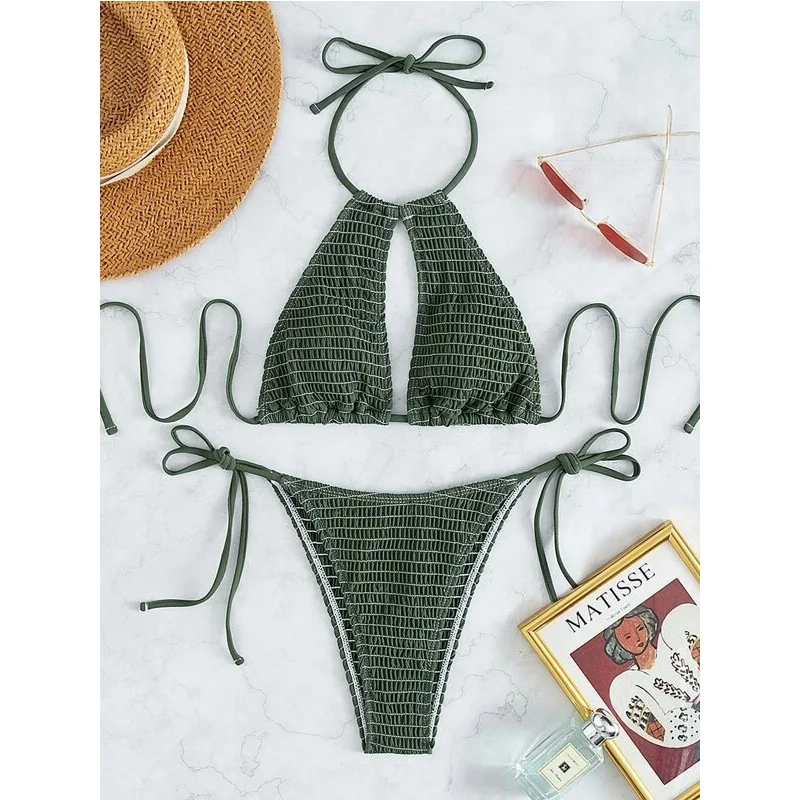 ファッションサテンストライプ2ピースセットGストリングビキニ水着卸売