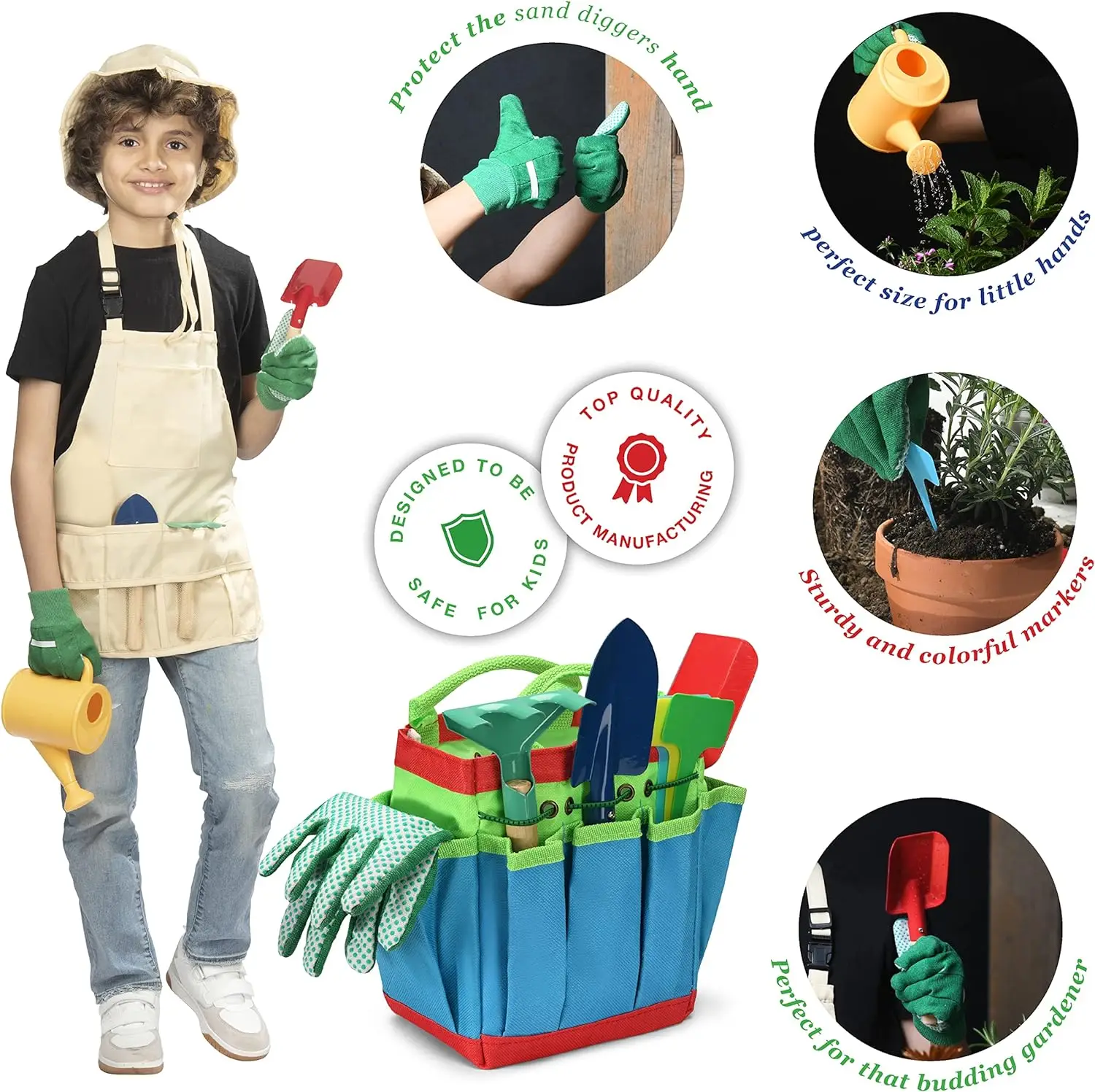 Kids Garden Tools Set Hand and Equipment Kit with Apron Gloves Shovel Fork Rake Mini Toy