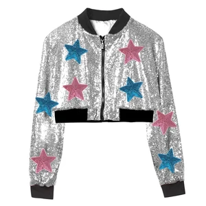 Customizable Hot Selling Kids Zipper Short Girls Sequined Bomber Jacket Custom Patches for 2-14T
