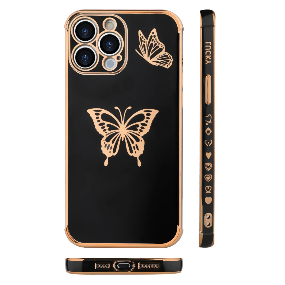 Butterfly mobile phone case Fine hole four-corner anti-drop electroplated casedouble butterfly LUCK love on the side HWC10