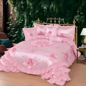 Crystal Embellished Wedding Duvet Set, 6 Piece King Size Luxury Satin Bedding with Lace Edging for Glam Decor