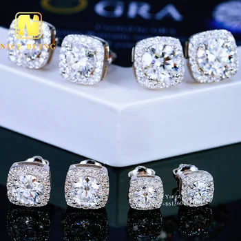 Ready Stock Fast Delivery 925 Sterling Silver VVS Moissanite Square Halo Stud Earrings Factory Wholesale White Gold Plated