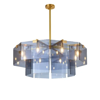Postmodern Nordic 6/8 Head Candle Glass Chandelier Panel Copper Square Suspended Hanging Pendant Lights