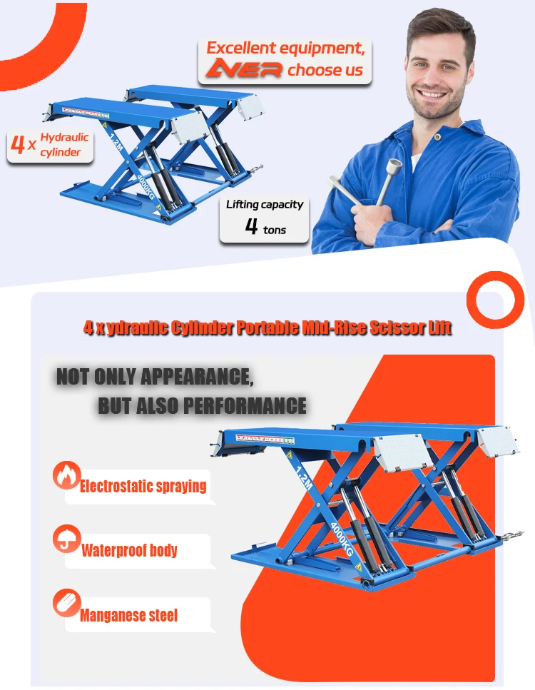 Portable 3000kg/3500kg/4000kg 1.2m/1.4m Mid Rise Car Scissor Lifts ...