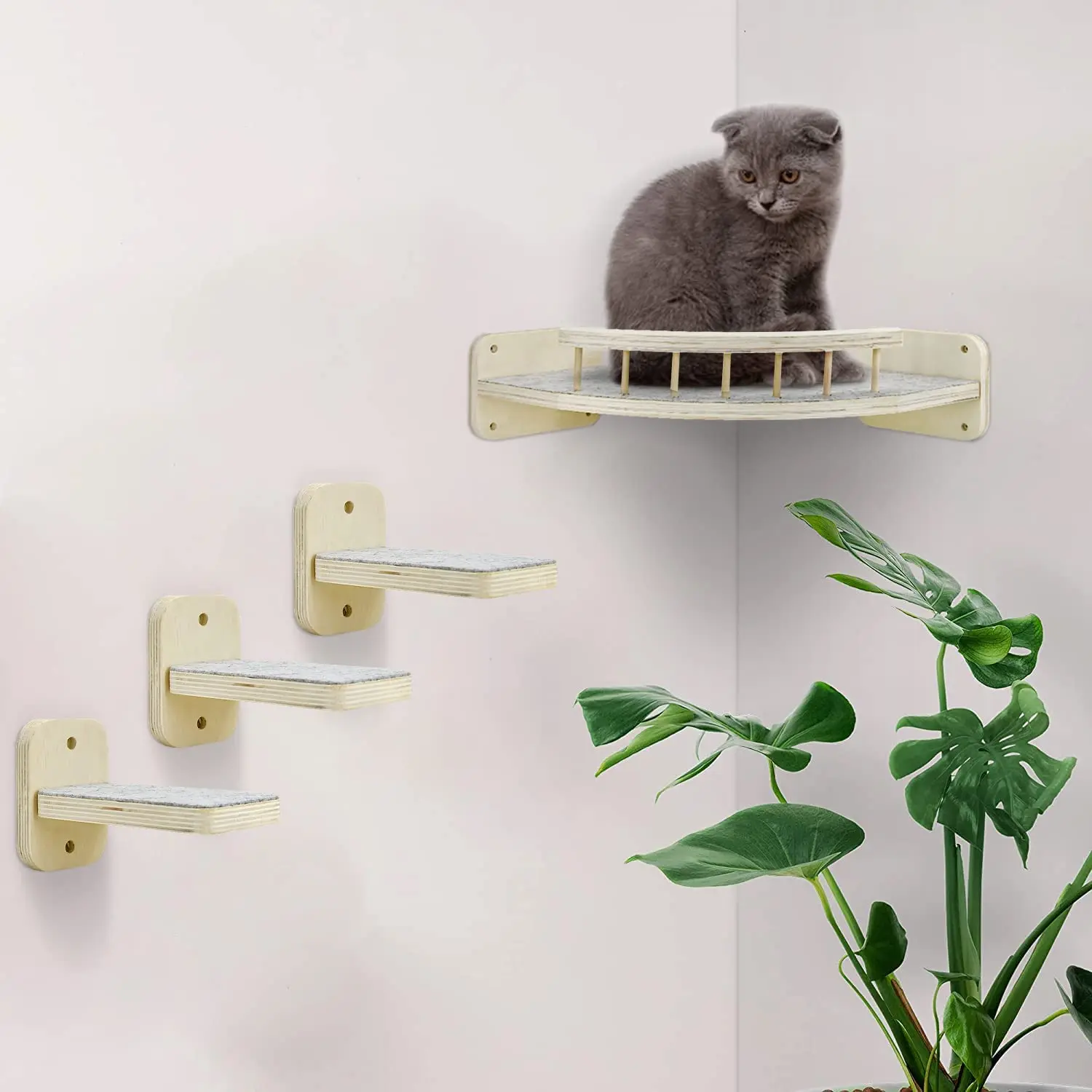 Modern Cat Hammock Wall Wooden Shelves Mounted Climb Track And Perches