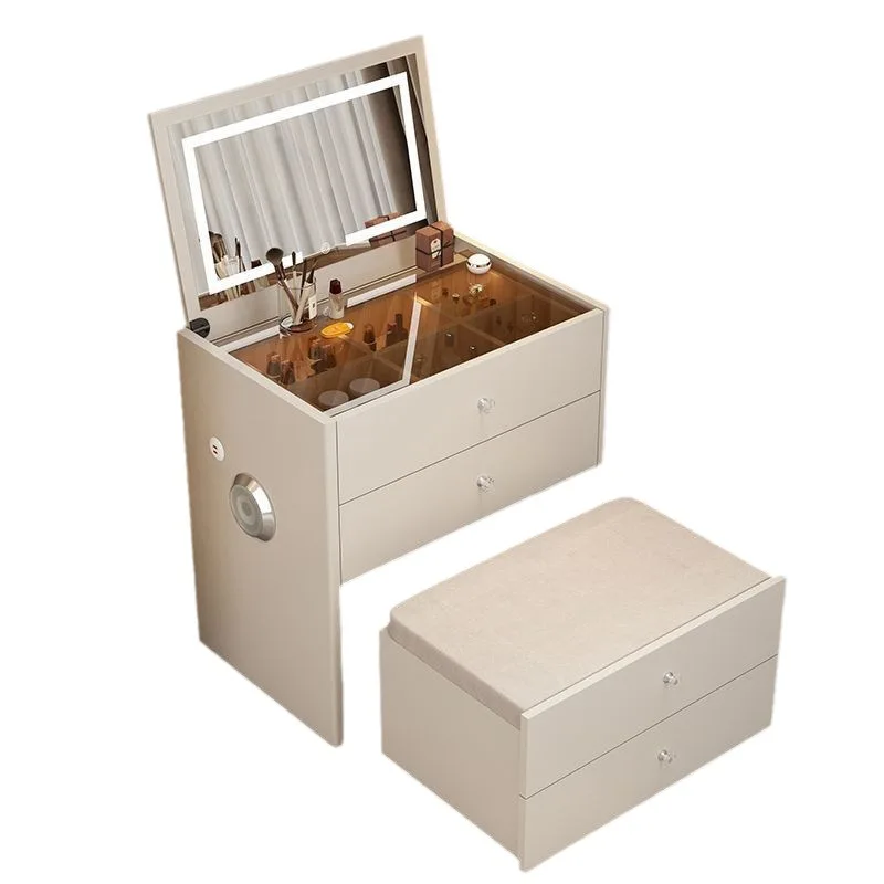 Hanyee Modern Style Cream Colored Dressing Table  Mirror Glass USB bluetooth Bedside Table Multifunctional With Storage Function