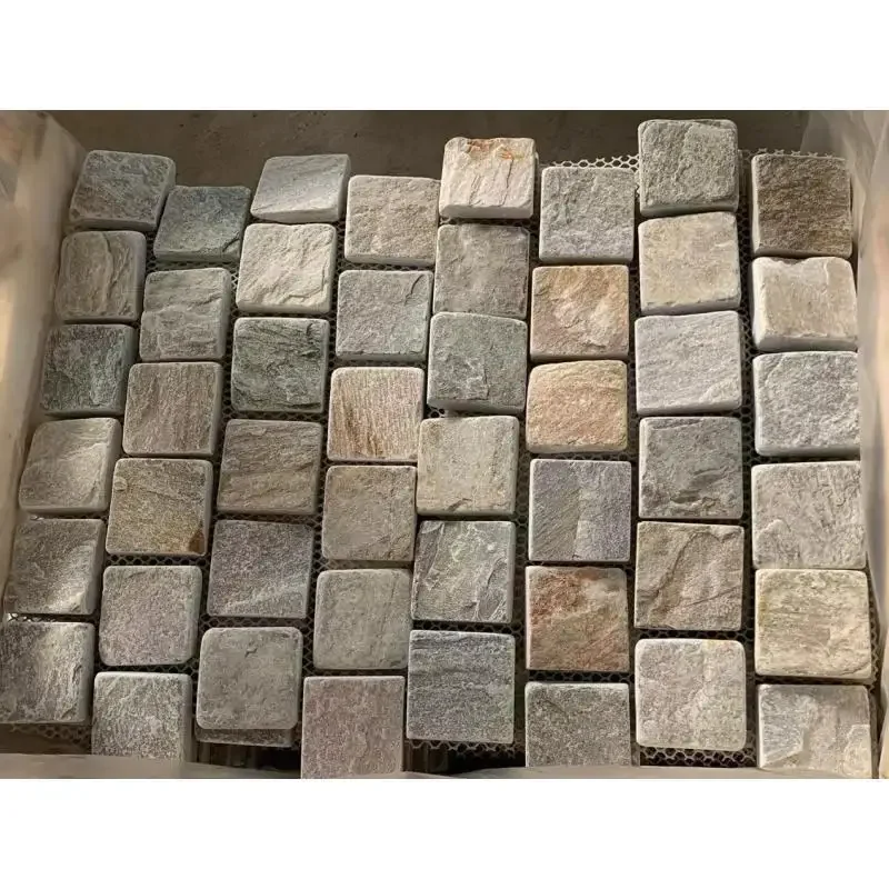 product oyster gold quartzite cobble cube tumbled natural split surface mesh pavers driveway patio paving stone cobblestone slate-2