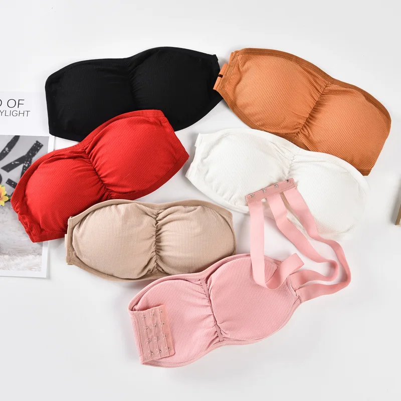 Wireless Bra Women Backless Bra Pad Non-Slip Side Buckle Tube Brassieres  Thread Wrapped Chest Strapless Bra