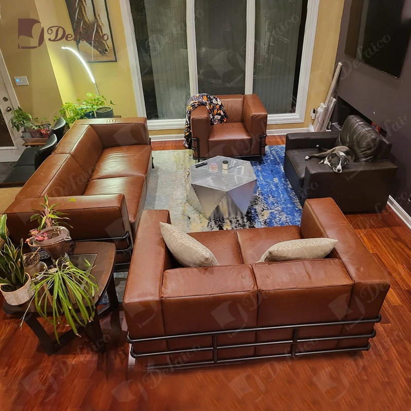 Loft Style Mid Century PU Leather Iron Pipe Frame Sofa Sets