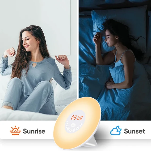 Sunrise Alarm Clock Wake up Light Digital Clock With Snooze Function 6 Nature Sound & FM Radio White Noise Machine Table Clock