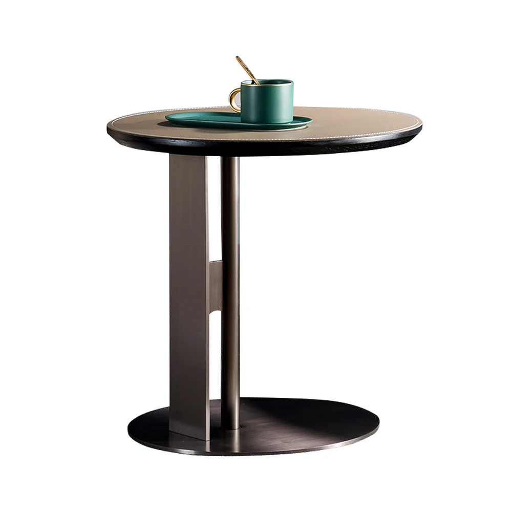 Móveis de luxo de estilo moderno para o lar de estilo nórdico base de aço inoxidável mesa lateral redonda de canto mesas de café com tampa de couro