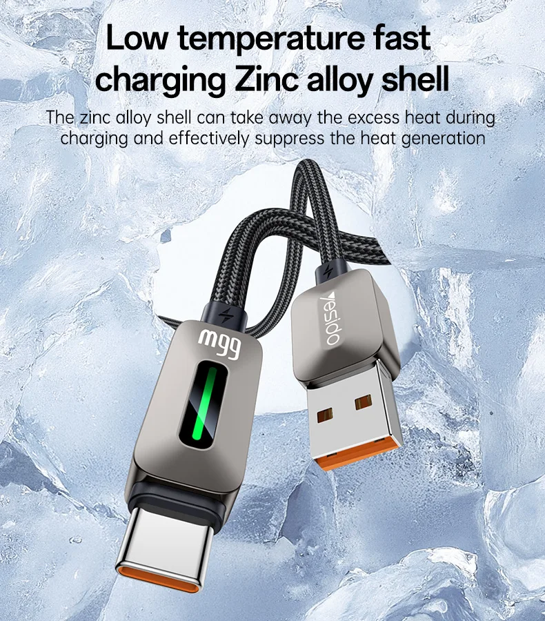 Yesido 1.2 Meter 66W Fast Charging USB to Type-C Streamer Light Support CarPlay Zinc Alloy Data Cable CA137C